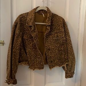 Free People Cropped Leopard Denim Jacket